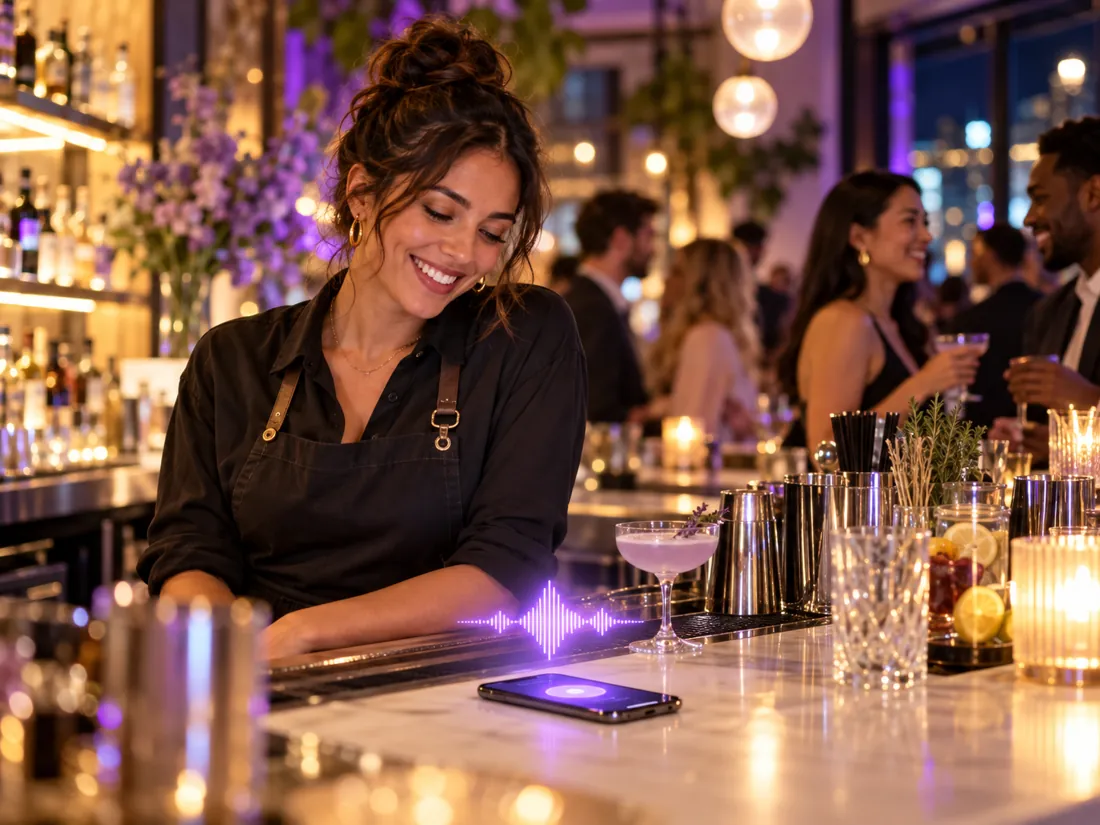 A bar manager smiles at her phone while an AI assistant answers a call