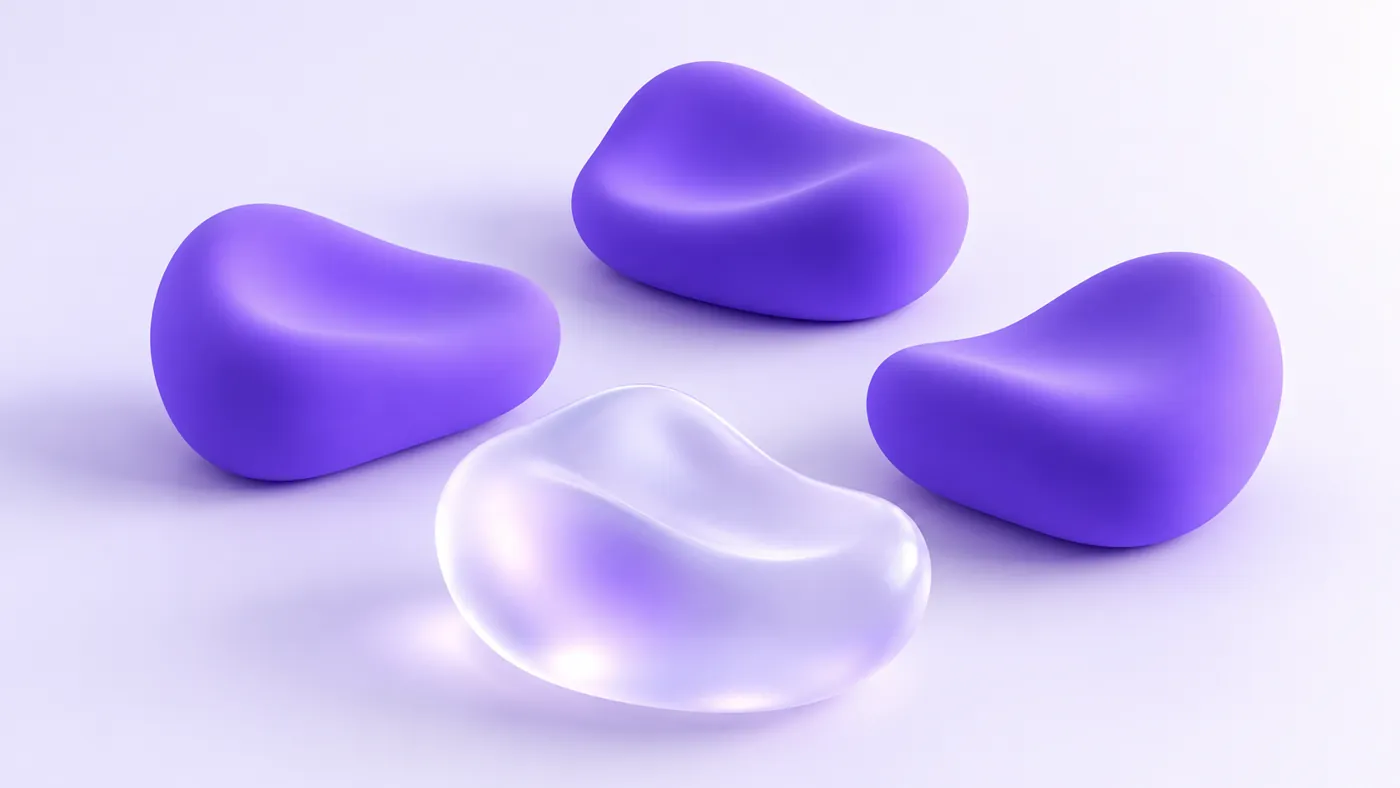 Four rounded violet shapes, one of them glass, like seats around a table