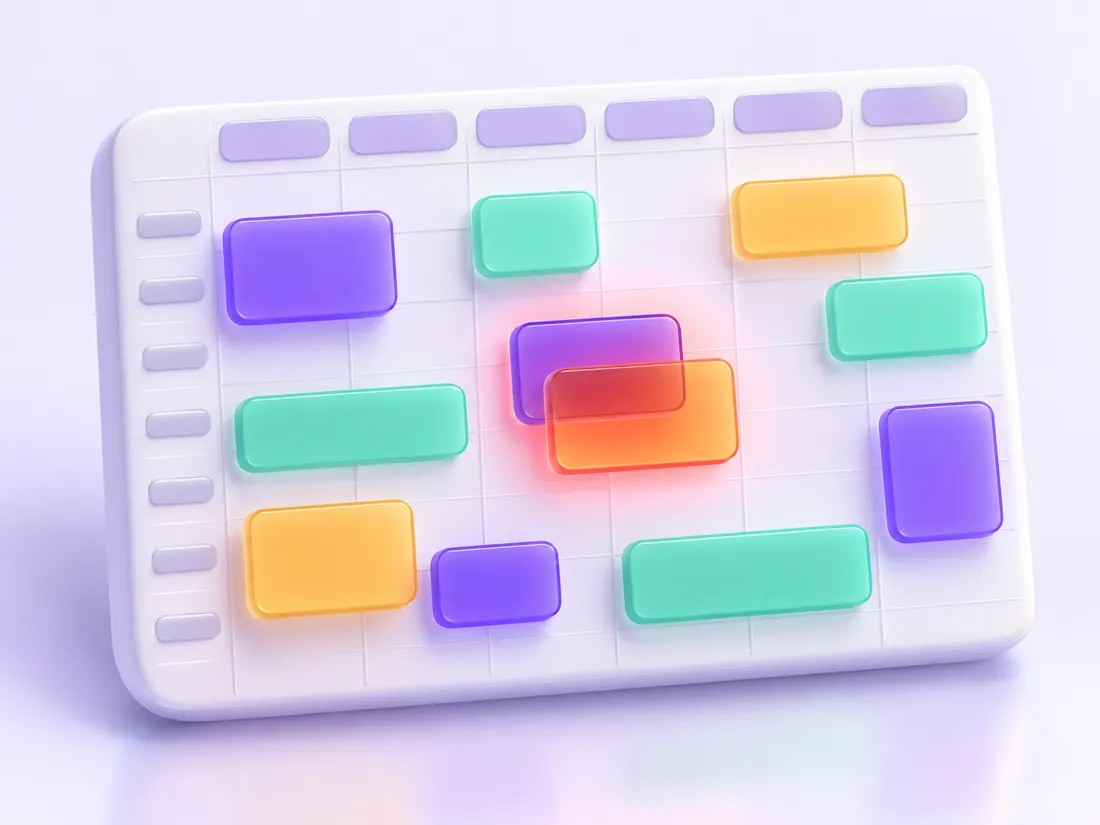 A 3D weekly calendar with two clashing bookings glowing red