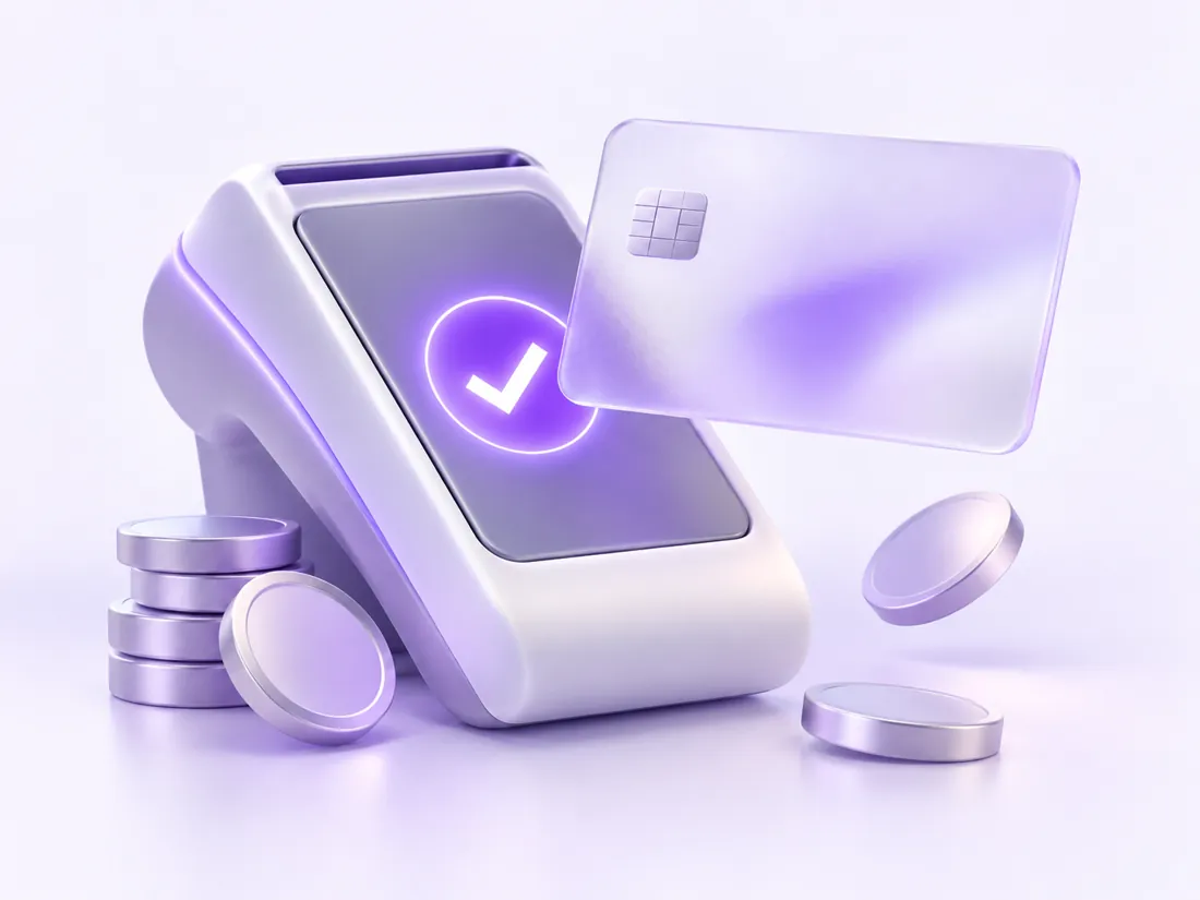 A card reader and a glass card with a violet check mark