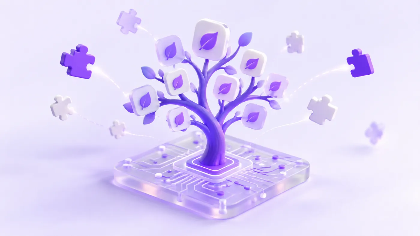 A seedling growing into a tree of app tiles on a circuit board, open source evolving