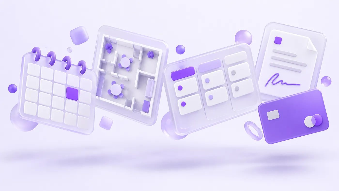 Floating glass tiles: a calendar, a floor plan with round tables, a pipeline board, a signed document and a card