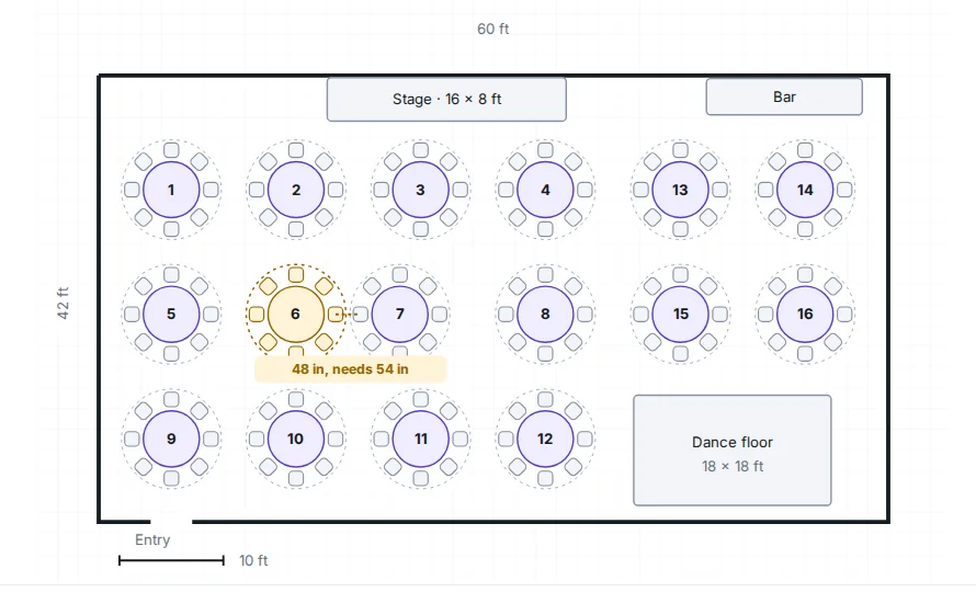 Floor plan from the Seat Four build: sixteen numbered round tables, stage, bar and dance floor in a 60 by 42 foot room