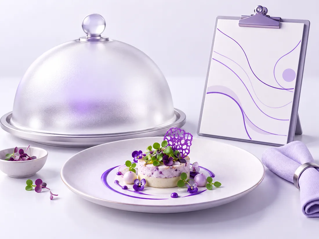 A serving cloche, a plated dish and an event order sheet