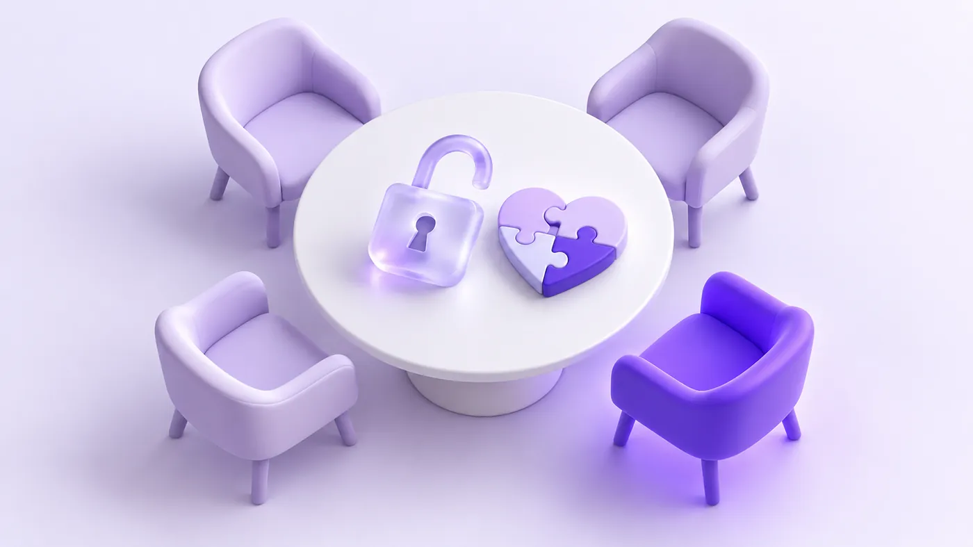 A round table with three lavender chairs and one violet chair, an open padlock and a heart made of puzzle pieces sitting on it