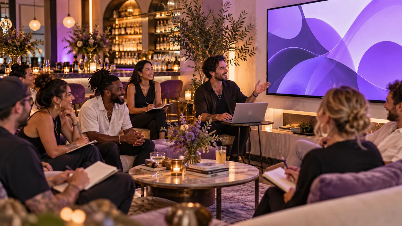 Bartenders, servers and venue owners at an after-hours meetup around a presentation