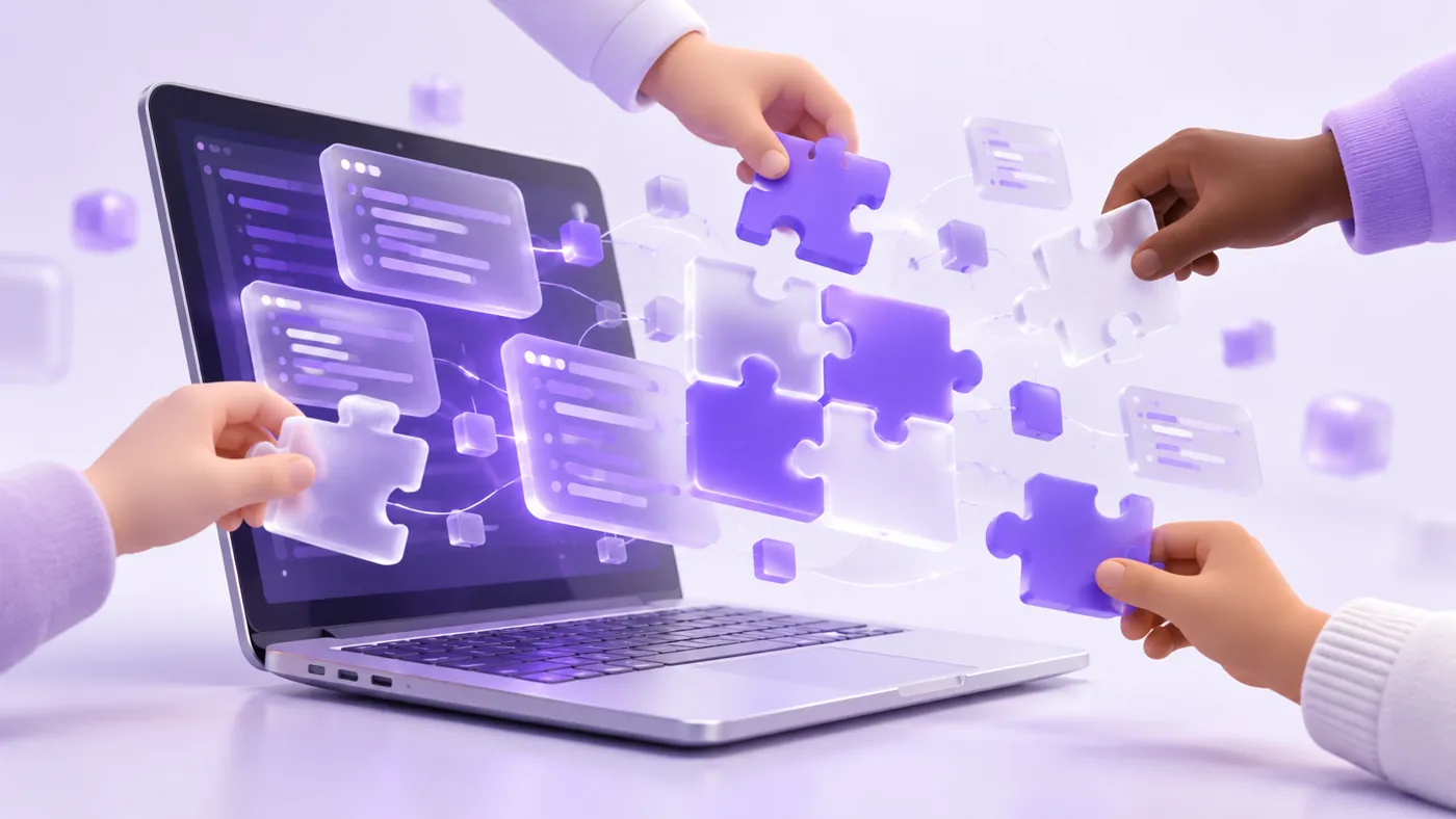 A laptop with code blocks and puzzle pieces drifting out, many hands joining them together