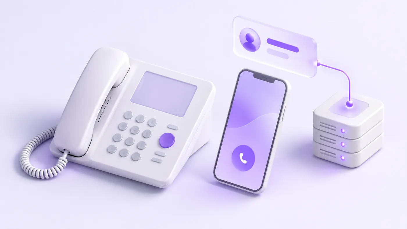 A desk phone, a smartphone and a floating caller card linked to a server