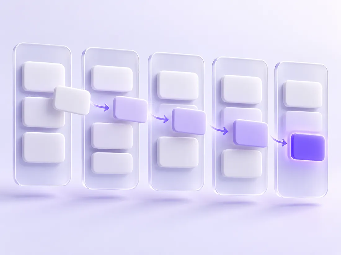 Glass kanban columns with a glowing card moving to the last column