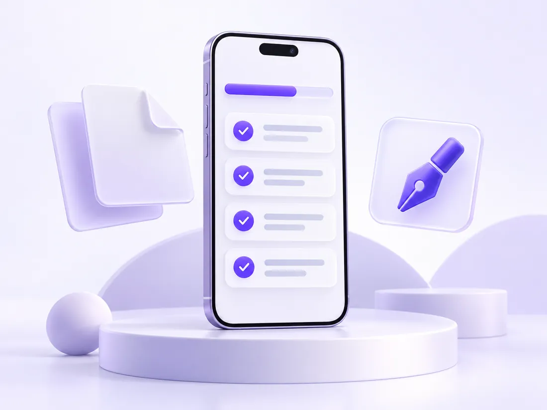 A phone showing a client portal with a progress bar and checklist