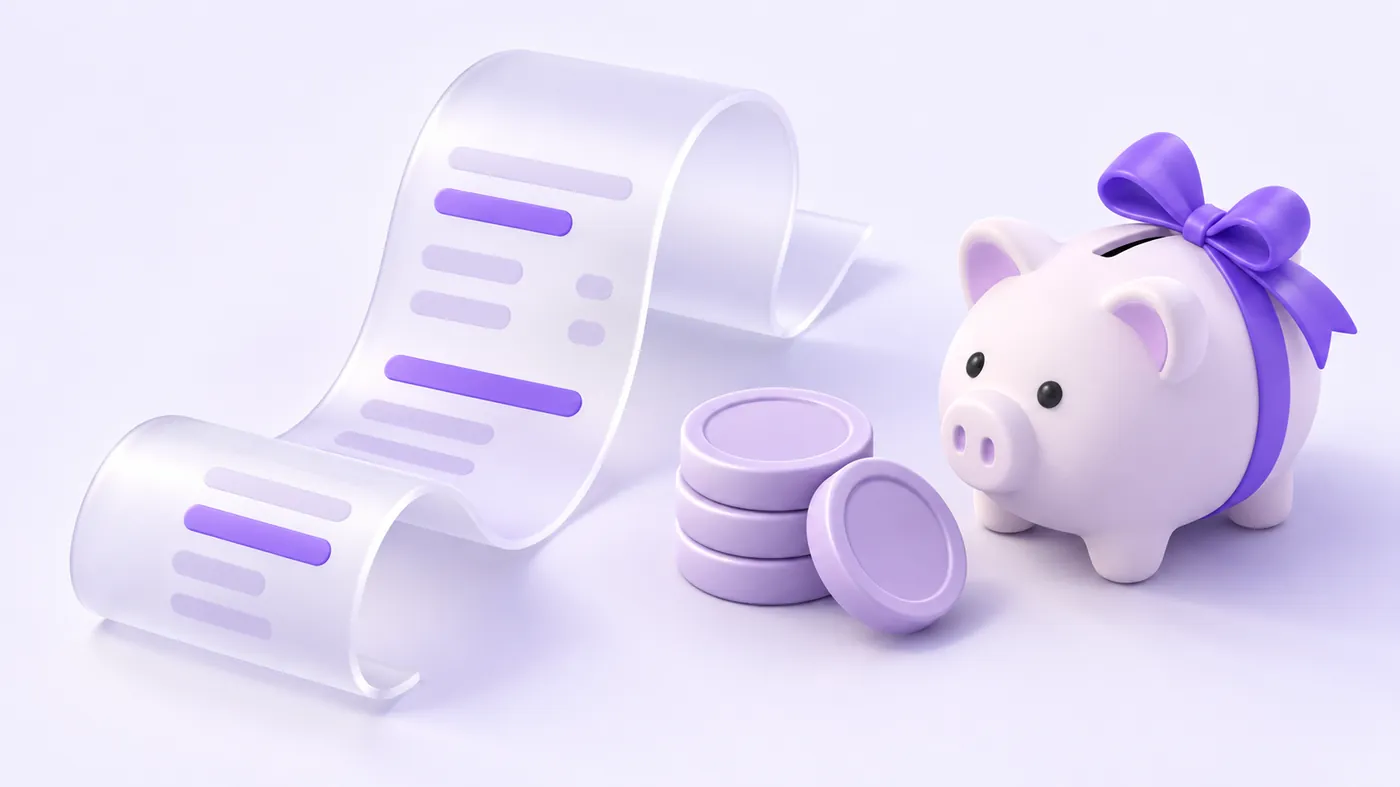 A glass receipt, a short stack of coins and a piggy bank with a violet ribbon