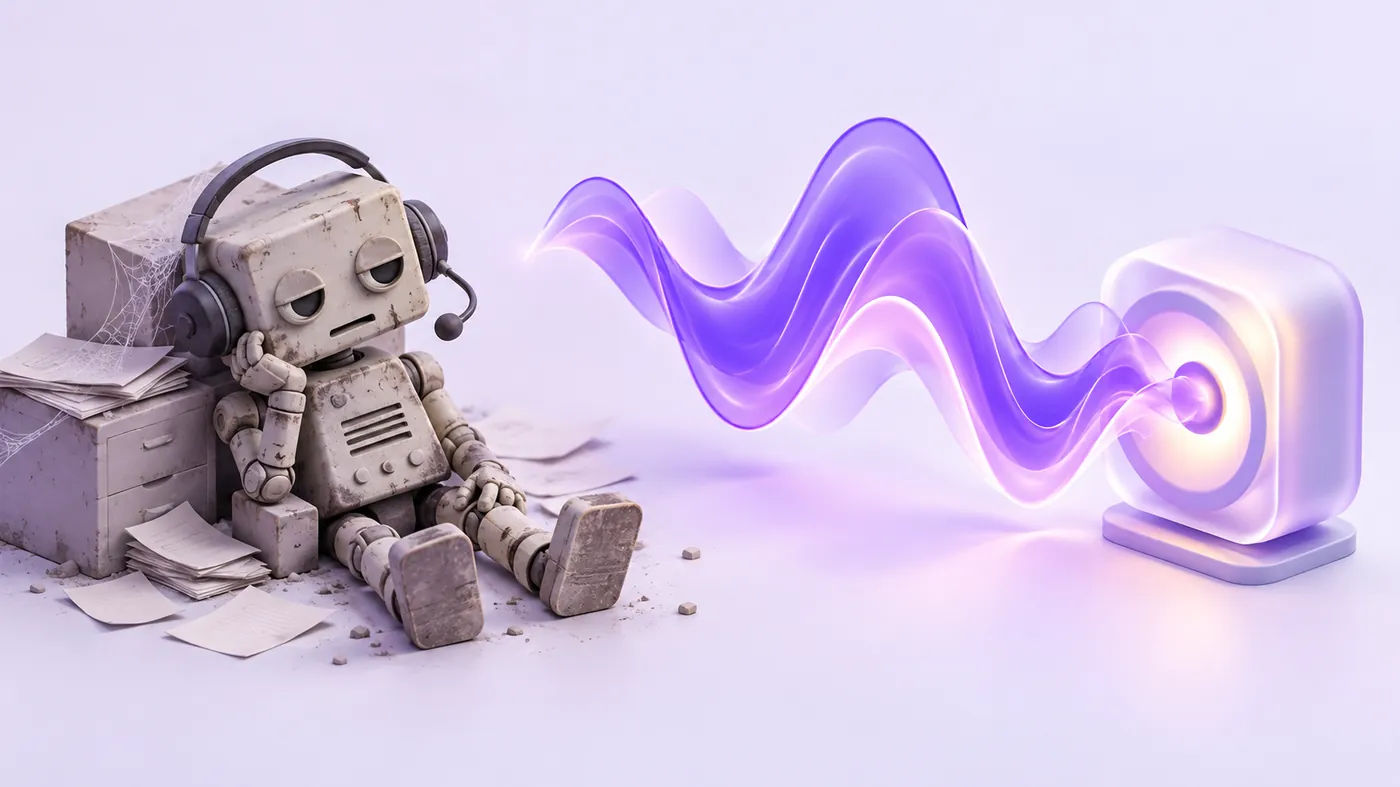 A dusty old robot in a headset slumped against a filing cabinet under cobwebs, next to a glowing violet sound wave coming from a speaker