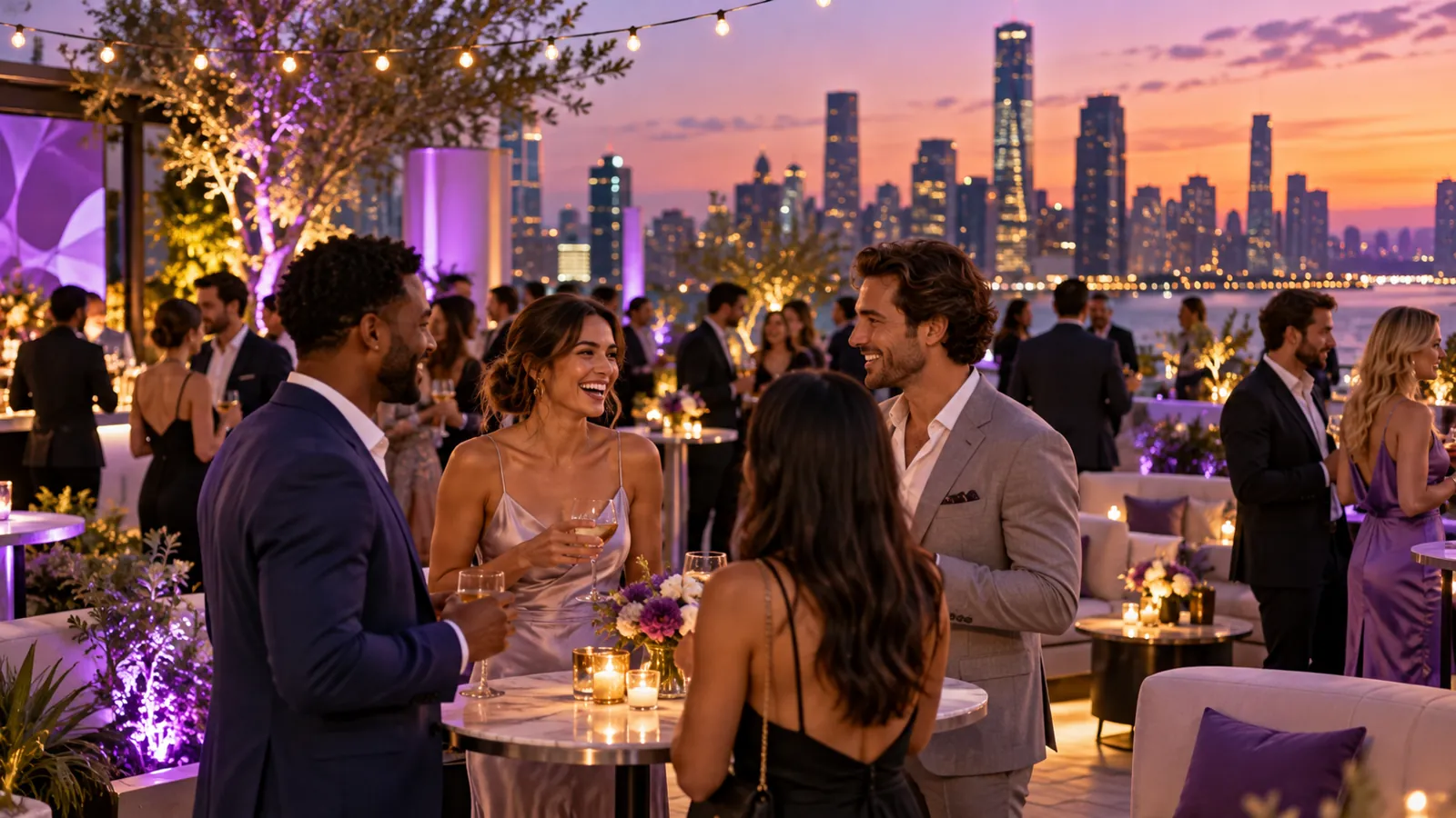 A rooftop evening event with string lights and guests mingling at dusk