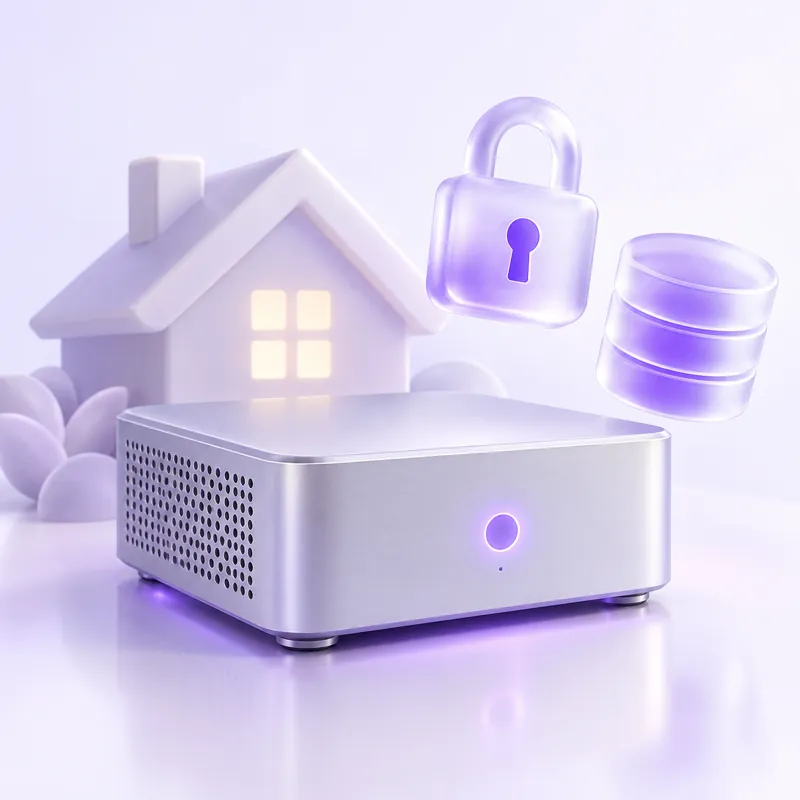 A small home server with a padlock and a database icon floating beside it