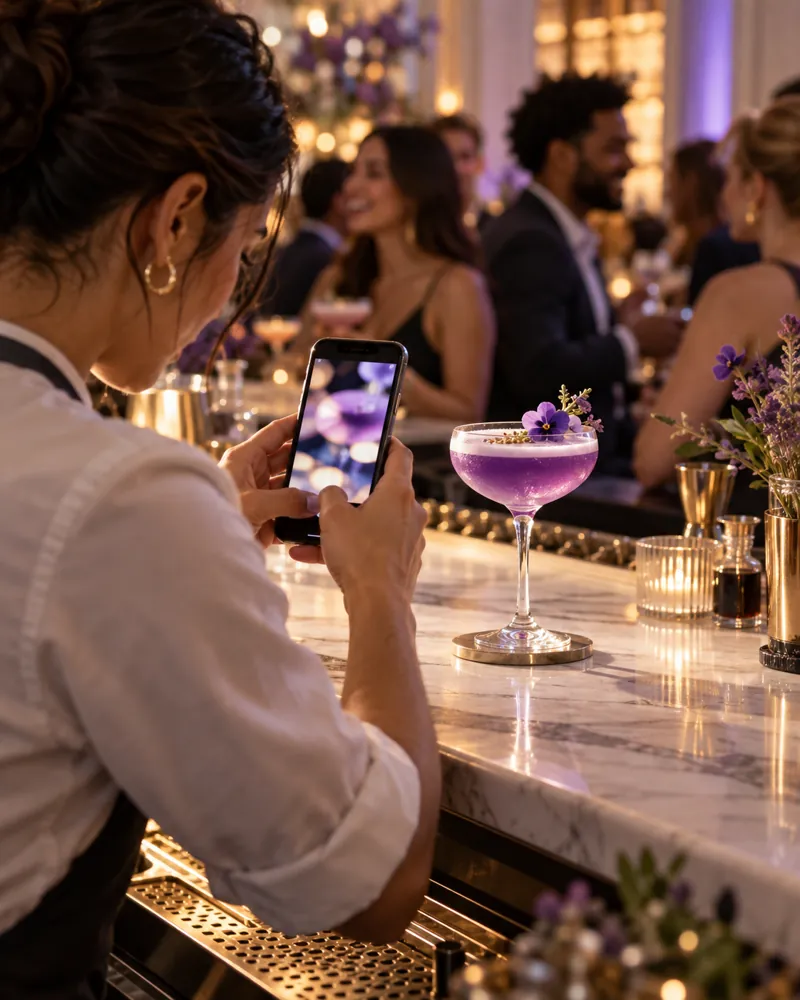 A bartender photographs a violet cocktail with a phone to post on social media