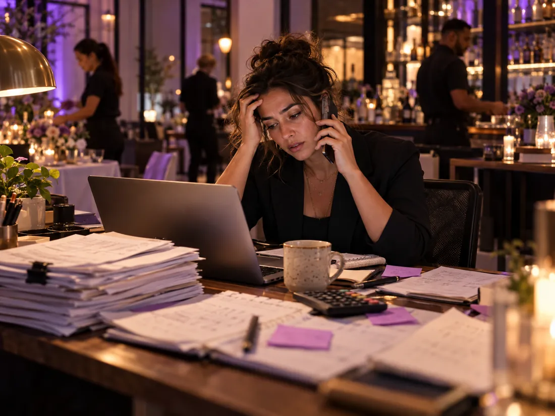 A venue manager juggling a laptop, a phone and printed event orders after hours