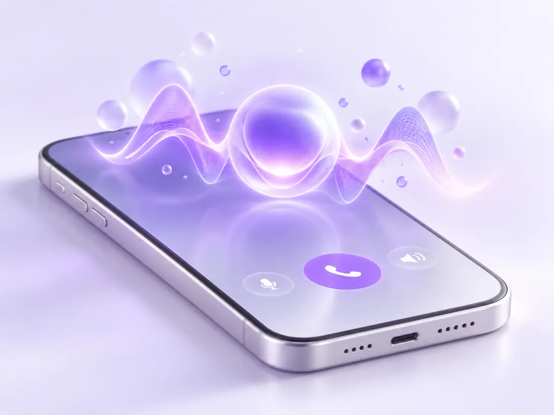 A smartphone with a glowing violet AI voice wave