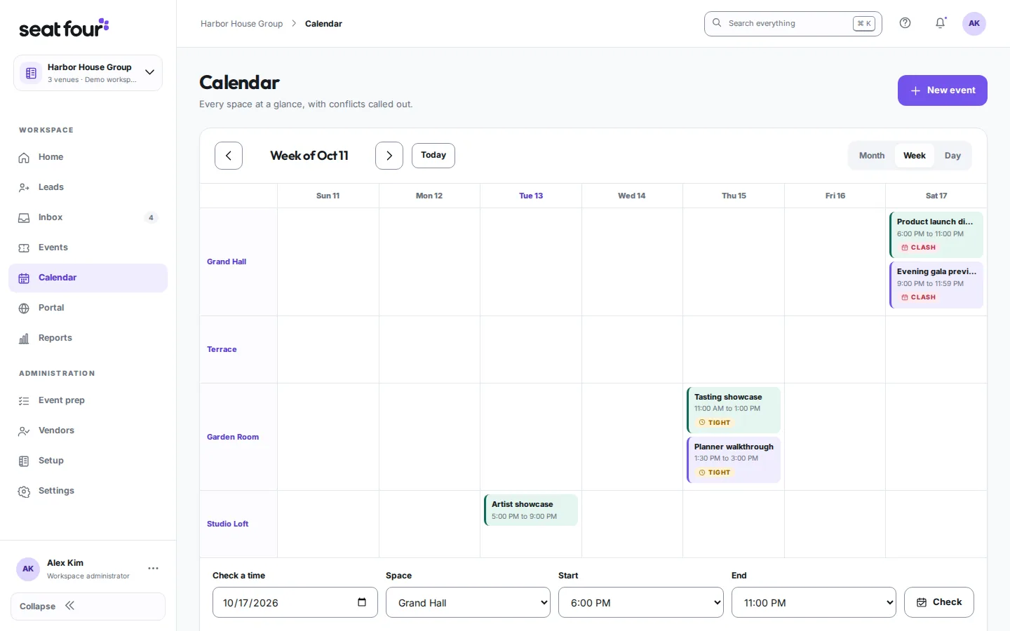 Week calendar by space with clash and tight turnaround warnings