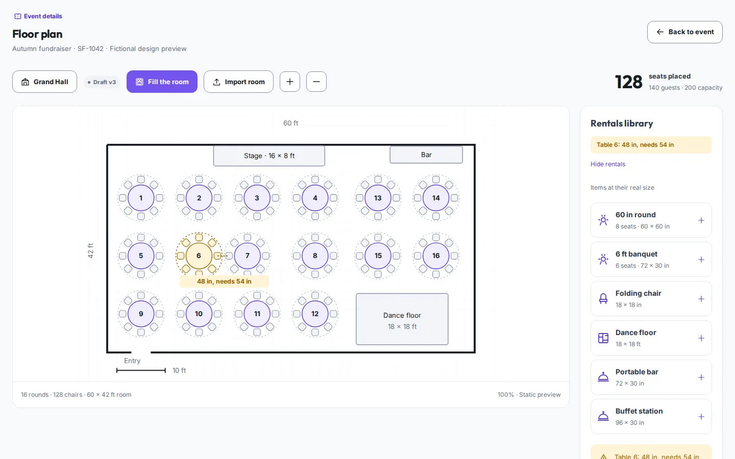 Floor plan editor with round tables, stage, bar and dance floor