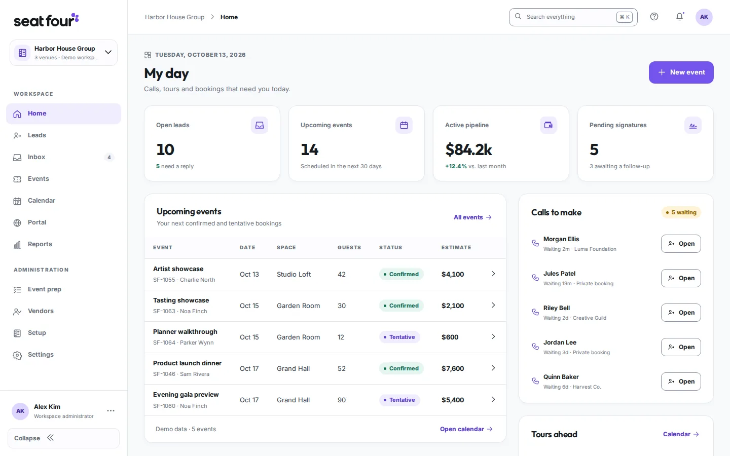 Seat Four home screen with open leads, upcoming events, pipeline and calls to make
