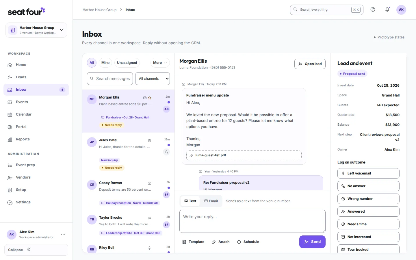 Inbox with the conversation and lead details side by side