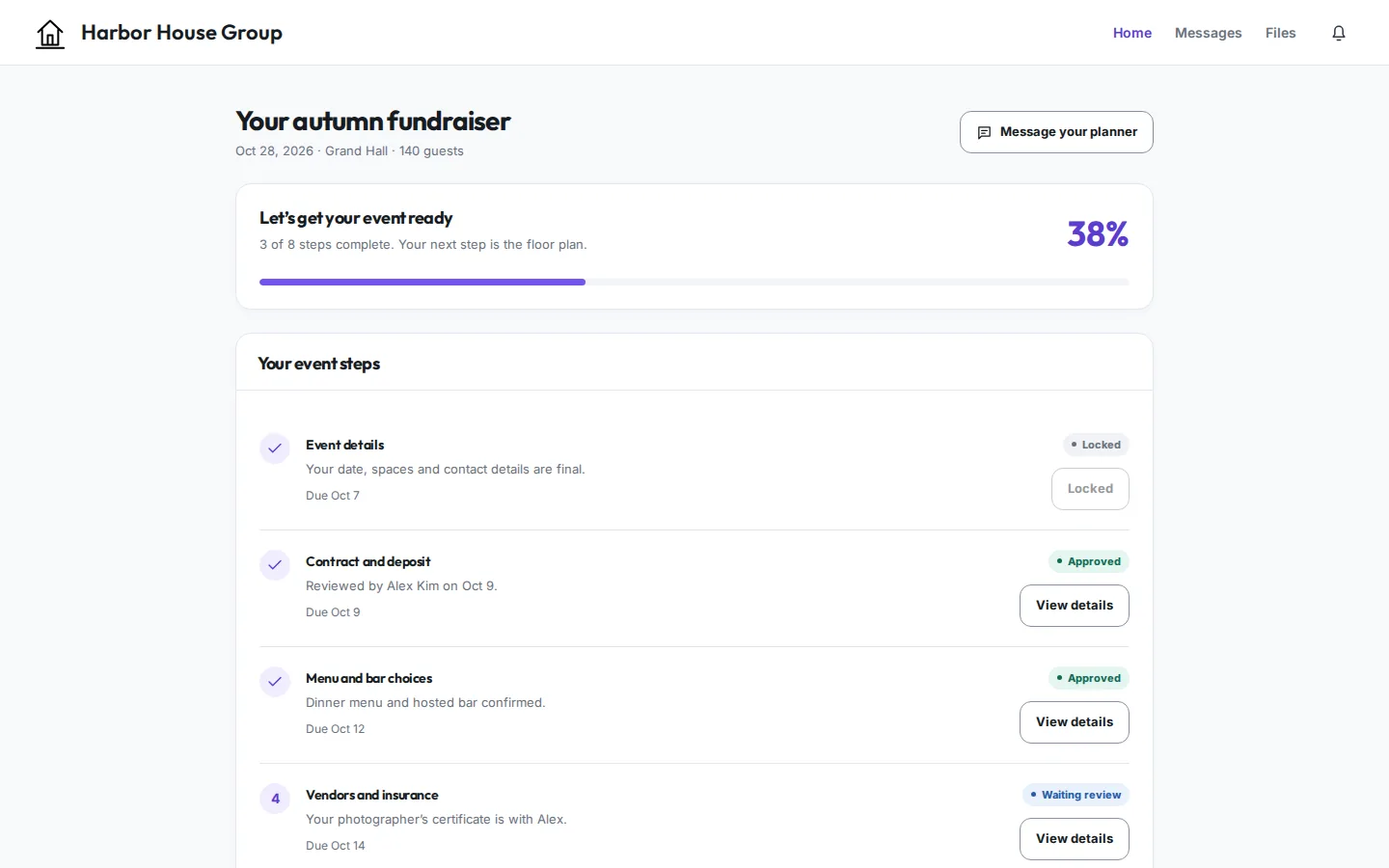 Client portal showing event steps and progress
