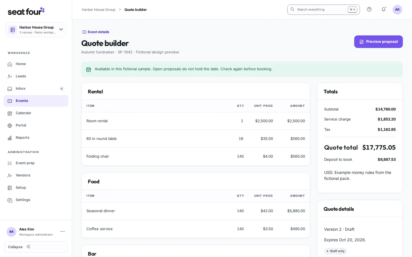 Quote builder with packages and line items